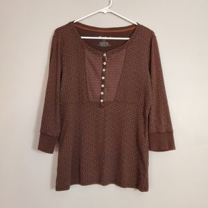 Eddie Bauer womens blouse large brown floral peasant buttons